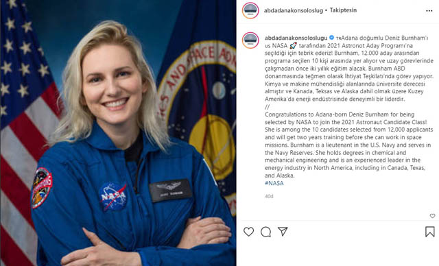 ABD Konsolosluğu, Adana doğumlu astronot adayı Deniz Burnham'ı tebrik etti
