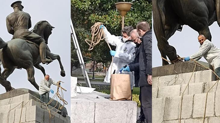 Atatürk Anıtı'na çirkin saldırı! Halatla yıkmak istediler