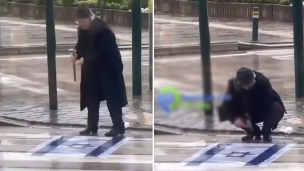 Bursa'nın Gürsu ilçesinde bir şahıs, gelen geçen bassın diye İsrail bayrağını asfalta çiviledi