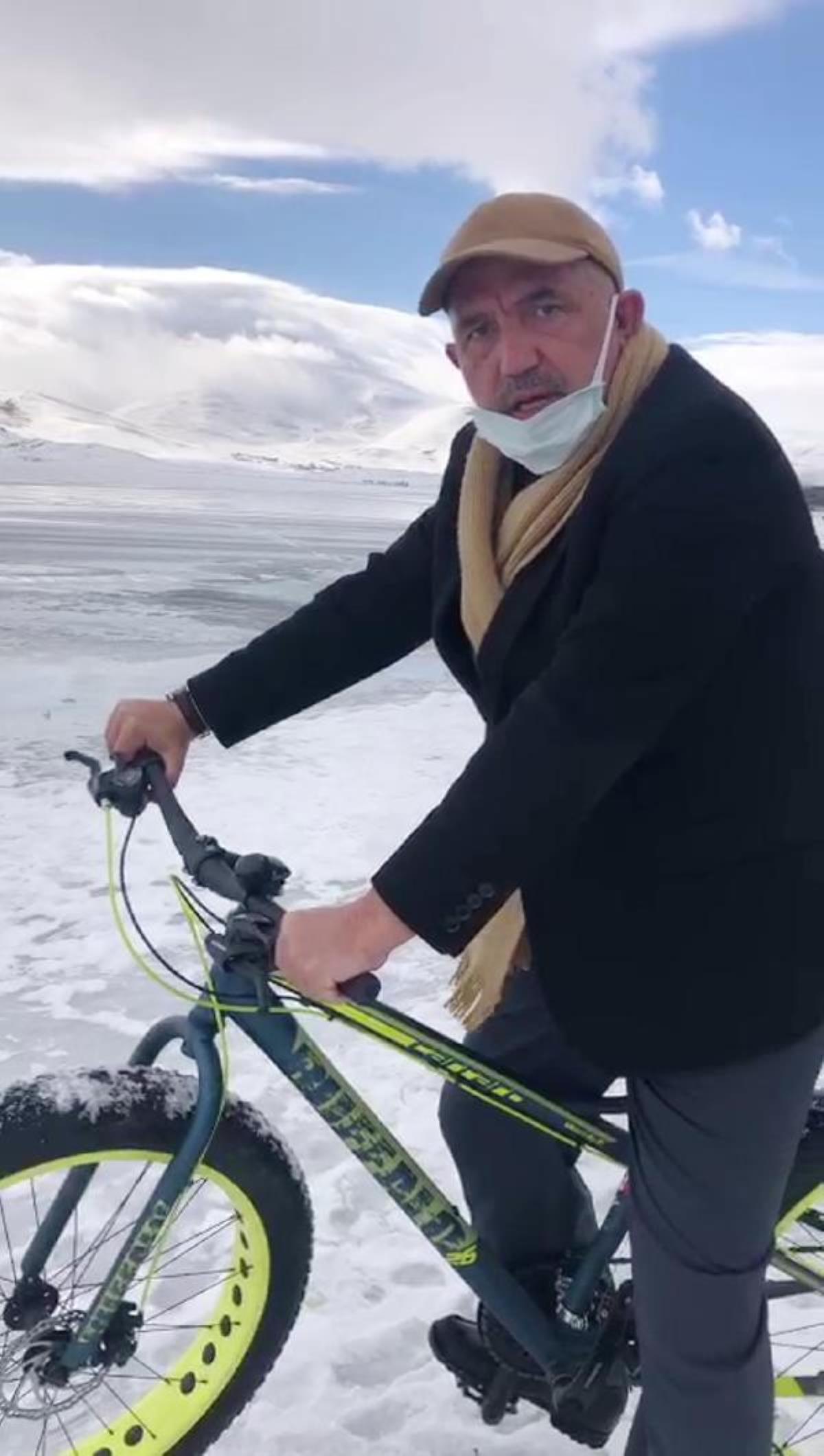 Buzlanan göl üzerinde bisiklet süren Prof. Dr. Ilıcalı: Covid-19 bulaşma riskini azaltacak
