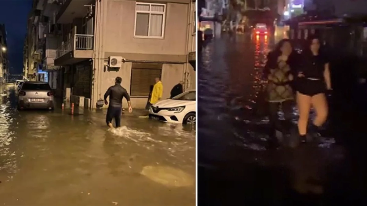 İzmir'de kuvvetli yağış ve fırtına nedeniyle denizle kara birleşti! Vatandaşlar araçlarının peşine düştü