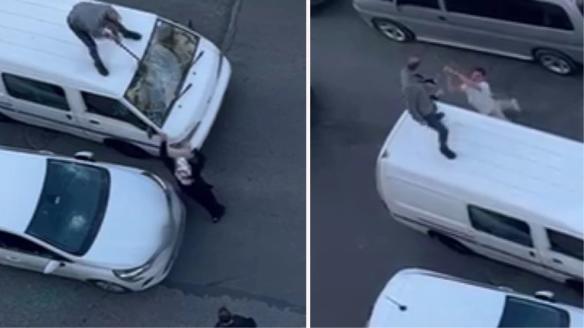 Kavgaya tutuşan sürücüler, birbirlerinin araçlarına balyozla saldırdı