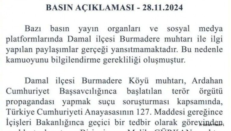 Ardahan Valiliği yanlış haber ve iddialara yönelik açıklama yaptı.
