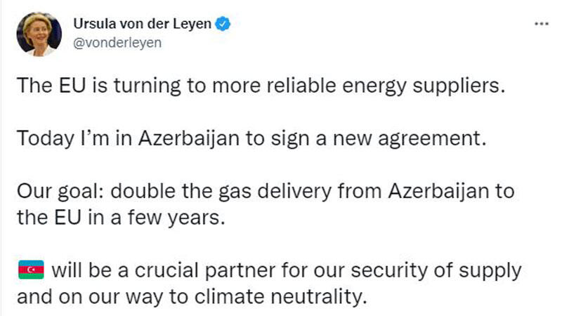 Avrupa Komisyonu Başkanı Leyen: Hedefimiz, Azerbaycan'dan AB'ye gaz sevkiyatını ikiye katlamak
