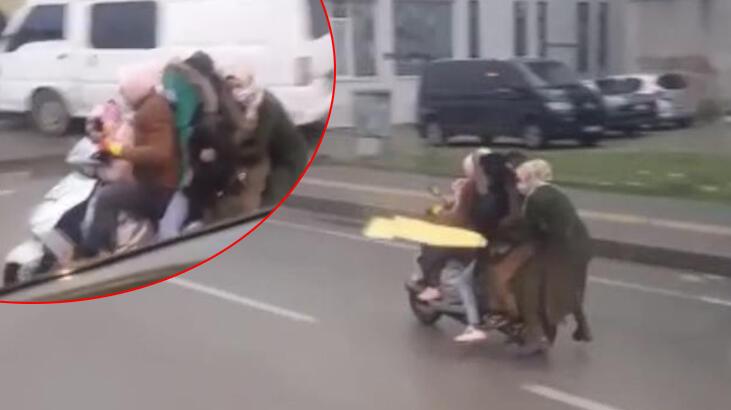 Bu kadarına da pes! Bir motosiklete 5 kişi bindi