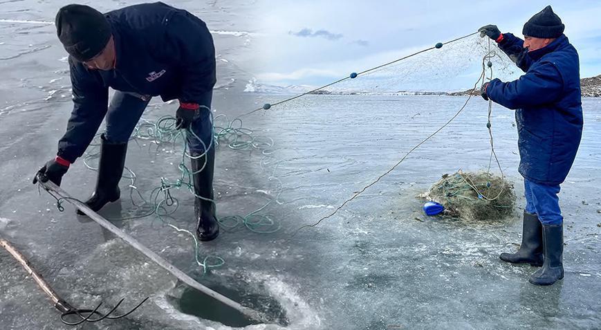 Burası kutuplar değil Türkiye! Çıldır Gölü Eskimo usulü balık avlamak için ilk ağlar atıldı
