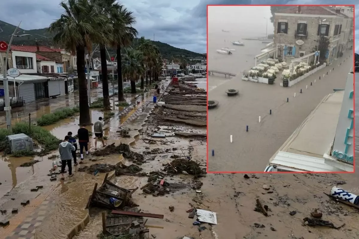 Foça’da Sağanak Yağış Felakete Dönüştü: Denizle Kara Birleşti