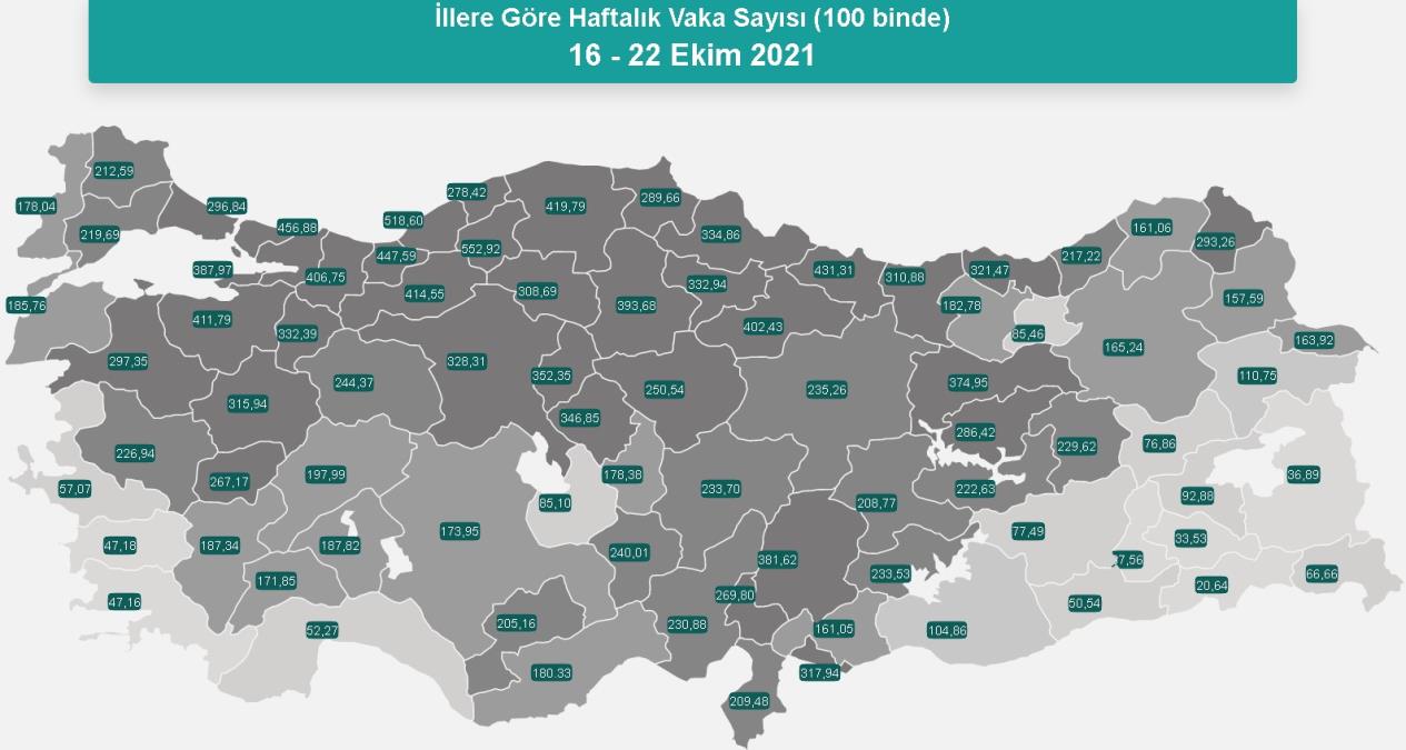 İllere göre her 100 bin kişide görülen Kovid-19 vaka sayısı Ardahan 293,26