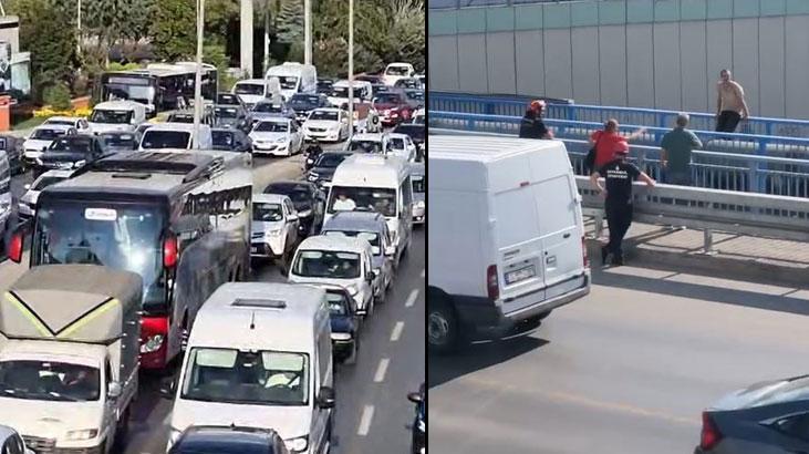 Küçükçekmece’de üst geçitte intihar girişimi! Kilometrelerce araç kuyruğu oluştu