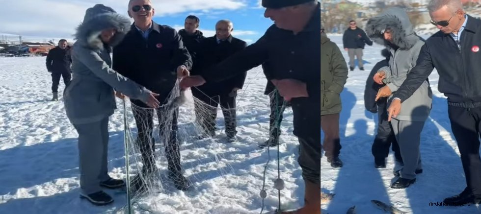 Ardahan Valisi Çiçekli, Buz Tutan Çıldır Gölü’nde Balıkçılarla Ağ Çekti