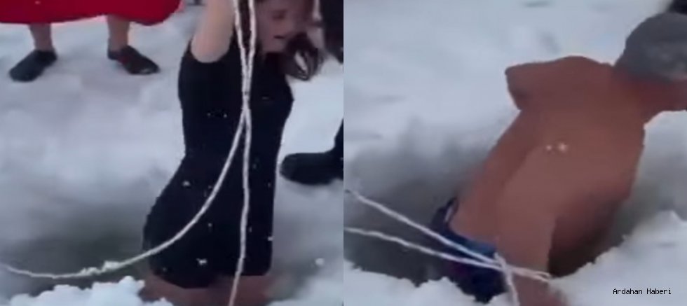 Çıldır Gölü’nde -30 Derecede Büyük Macera: Buzu Kırıp Göl Suyuna Girdiler