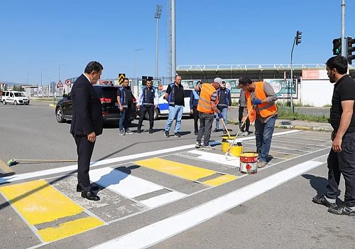 Ardahan da yaya geçitlerini ve bordür taşlarını boyama çalışması gerçekleştiriyor.
