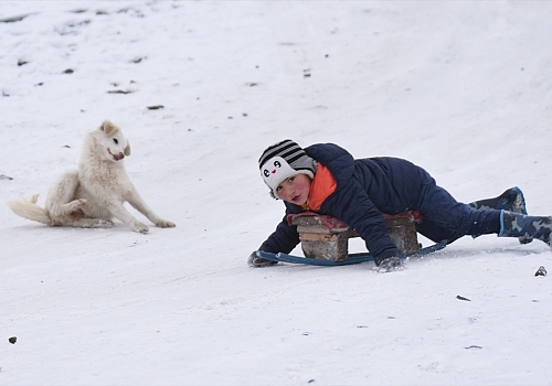 Kars'ta çocukların kızak keyfi
