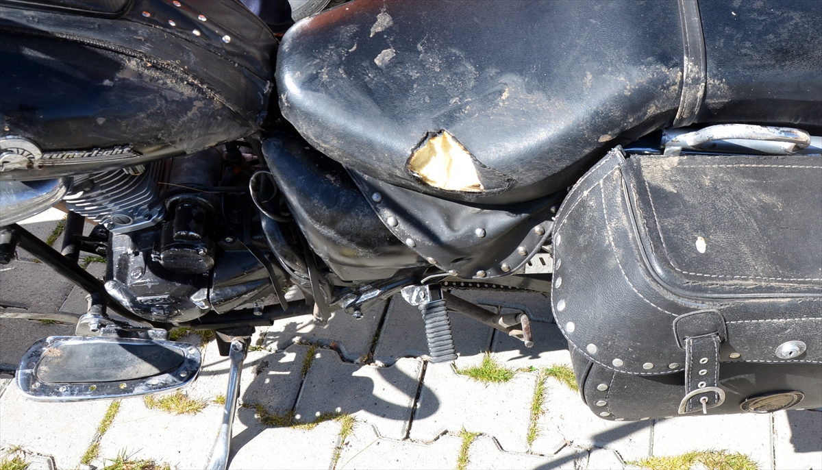 Sarıkamış'ta mahalleye inen bozayı park halindeki motosiklete zarar verdi